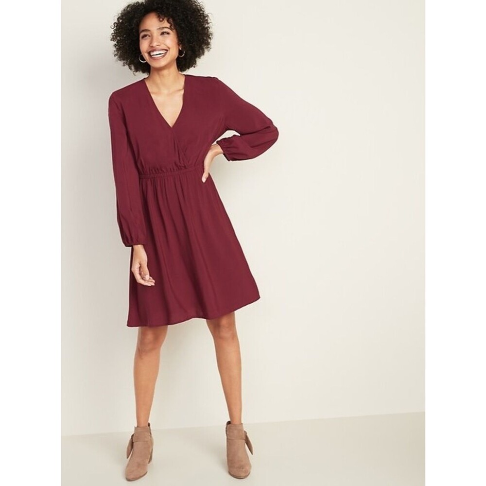 Old Navy Waist Define Faux Wrap Long-Sleeve V-Neck A-Line Viscose Dress Burgundy